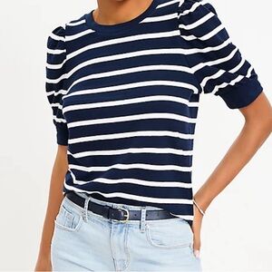 Loft navy striped puff sleeve sweater Large